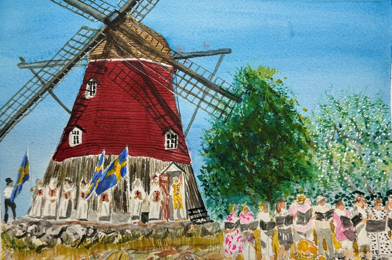Firar Sveriges nationaldag på Hembygdskvarnen i Loftahammar den 6 juni 2023 akvarell 23 x 30,5cm