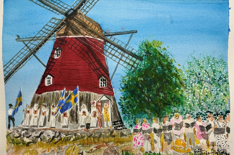 Firar Sveriges nationaldag på Hembygdskvarnen i Loftahammar den 6 juni 2023  akvarell 23 x 30,5cm
