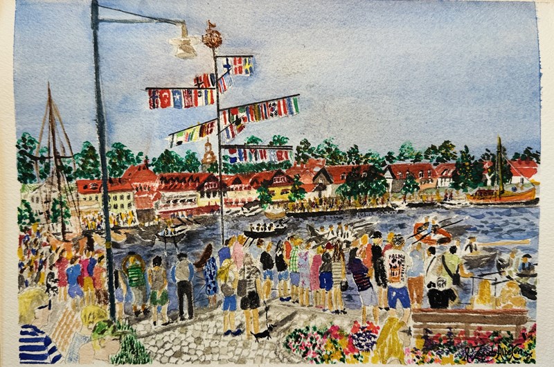 Festligheten, människorna och dekorationerna på Hasselörodden i Västervik, 20 juli 2022   akvarell 23 x 30,5 cm