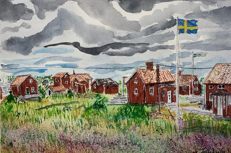 18th Century Fishermen Village on the Island of Väderskär     akvarell 23 x 30,5 cm