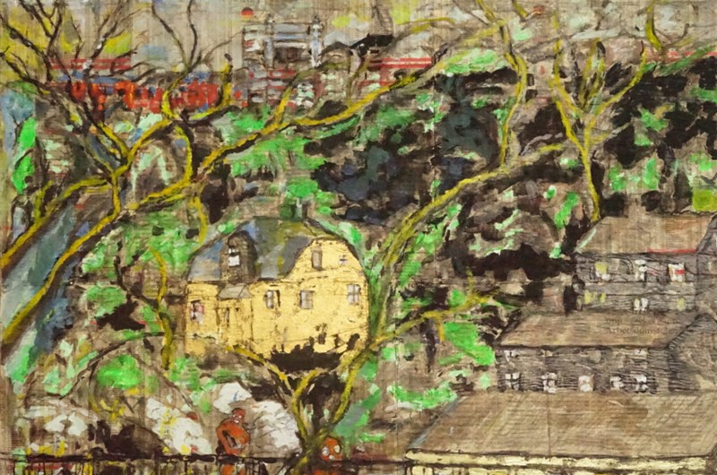 "Långholmen", 2026. Blandteknik, tempera och vax på telefonkatalogpapper. © Jan Runefelt/BUS 2026, 