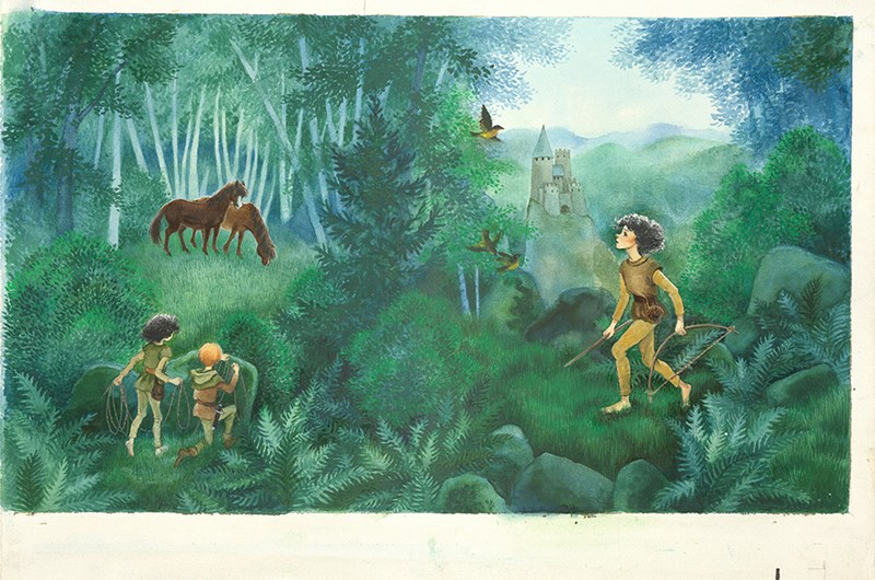 Ilon Wikland, Omslag till Ronja Rövardotter, 1981. Akvarell och tusch på papper, 38,90 x 51,00 cm. Foto: Göteborgs konstmuseum / Hossein Sehatlou. © Design Ilon Wikland AB. Ronja Rövardotter: TM och © The Astrid Lindgren Company