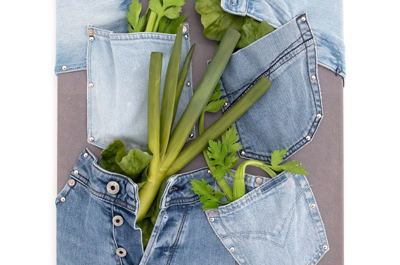 Georg Nordmark, Jean Feeder 2023 Denim mdf, vegetable replicas 50 x 40 cm, Issues Gallery