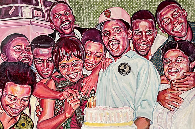 Esiri Erheriene-Essi, The Birthday Party 2021 Oil, ink and Xerox transfer on linen 150 x 200 cmCourtesy of Jorge M. Pérez Collection, Miami, and Galerie Ron Mandos © Image Copyright Esiri Erheriene-Essi