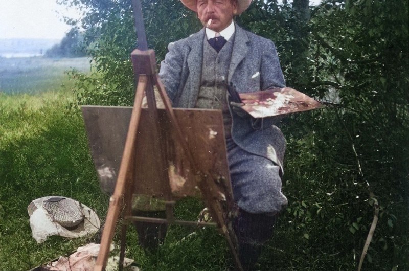 Zorn målar i det fria. (Färglagd)