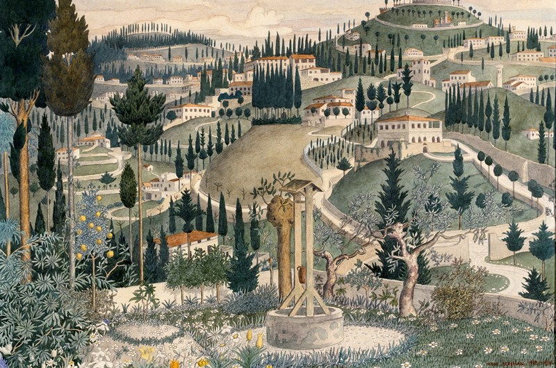 Oskar Bergman, Italiensk stad (Fiesole), 1912, akvarell. Foto: Thielska Galleriet