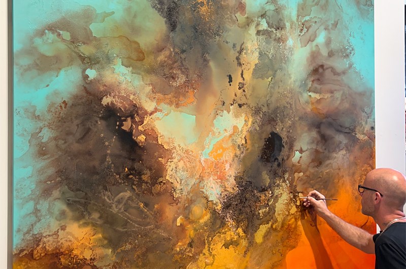 "San Fransisco" målning på linneduk 200x200cm. Finns för visning i ateljén i Åkersberga.