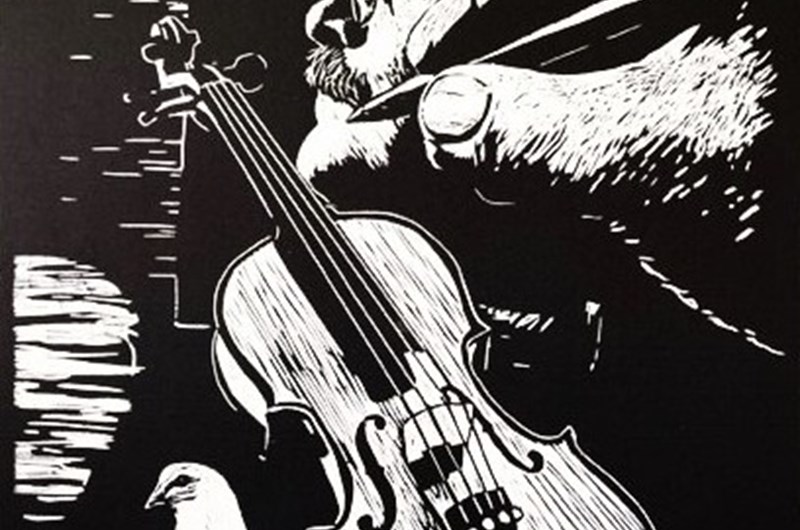 Selfportrait, violin and peacedove, träsnitt 52x72