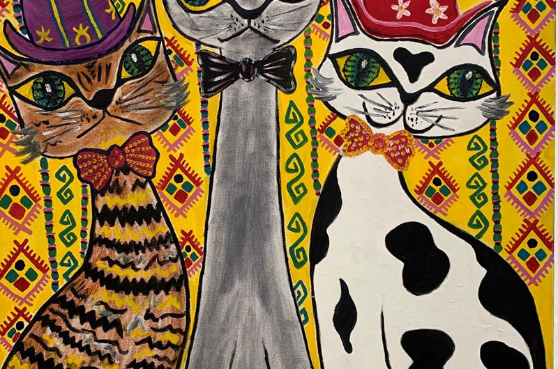 "The Cats With Their Hats" - Olja på duk  - 80 x 100cm