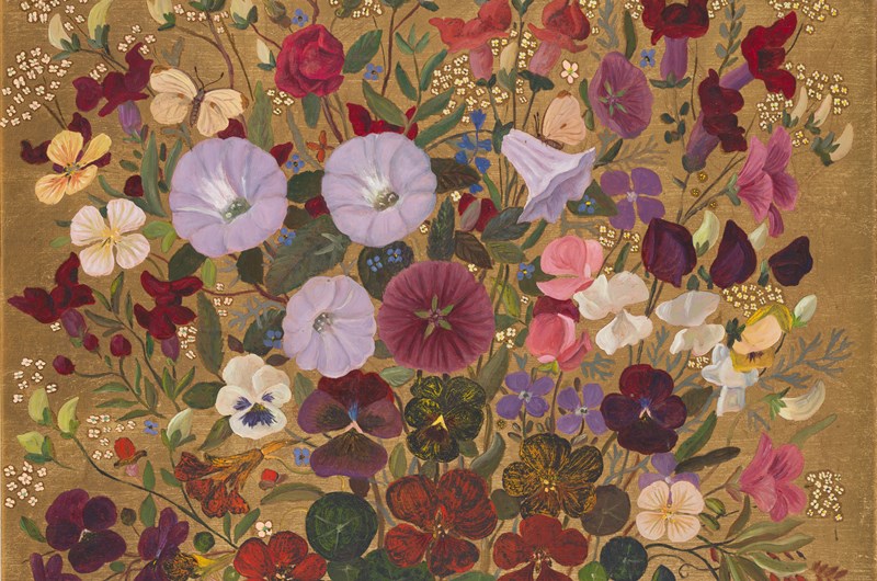 Oskar Bergman, Fjärilar och blommor på guldgrund, odaterad, olja på pannå. Privat ägo. Foto: Per Myrehed