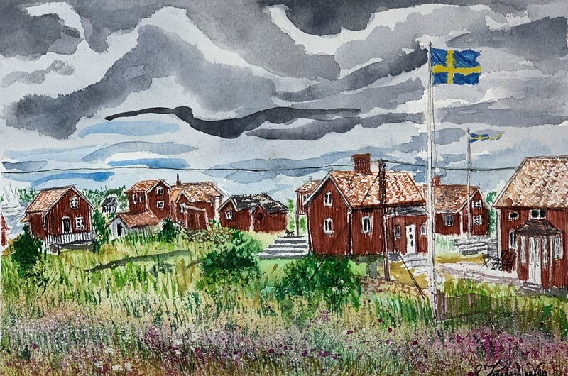 "18th Century Fishermen Village on the Island of Väderskär" - Akvarell - 23 x 30,5cm