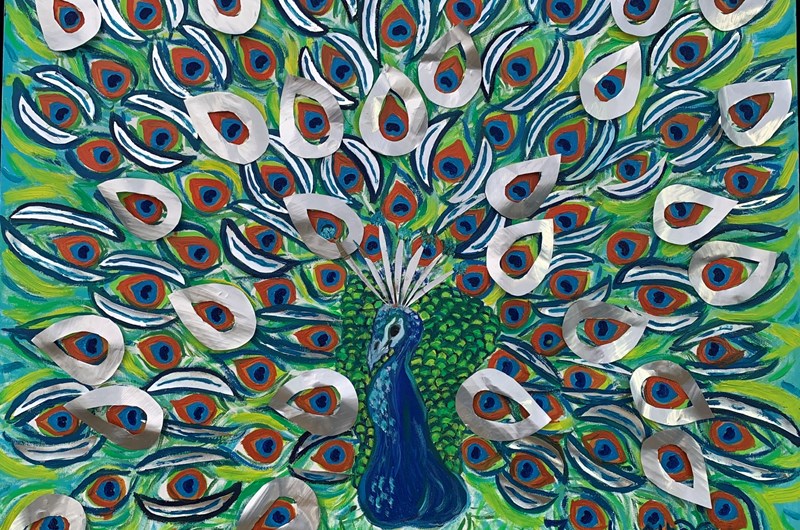 "Mr. Peacock Erótico" - Olja på duk med 3D-aluminium applikationer - 100 x 100 cm