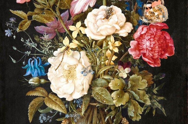 Ambrosius Bosschaert d.ä, Blomsterstycke, 1617. Olja på duk, 30 x 19,5 cm. Foto: Jens Mohr, Hallwyllska museet.