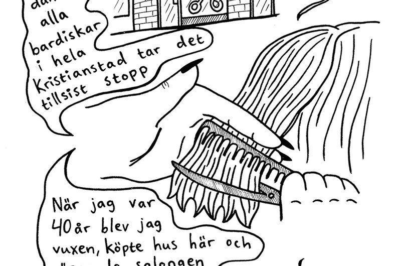 Ett utkast av serietecknaren Julia Hansen, inspirerat av hennes besök på en frisersalong i Östra Göinge.