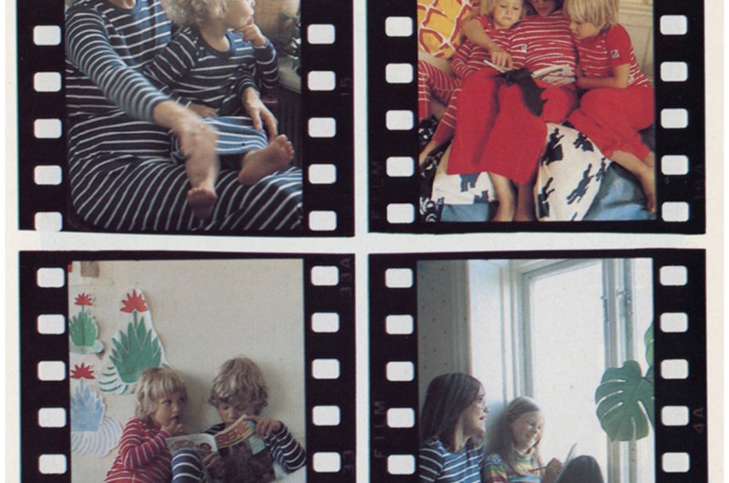 Ur katalog för Polarn & Pyret från 1976. Längst upp till vänster syns Gunila Axén själv som mellan åren 1974–84 var med och utvecklade företagets baskollektioner och tog fram den rand som idag blivit synonym med företaget.