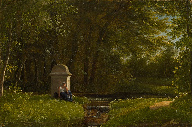 Alexandre Dunouy, La Fontaine du Bocage, vy från parken i Ermenonville. Olja på papper uppfordrat på duk. Nationalmuseum