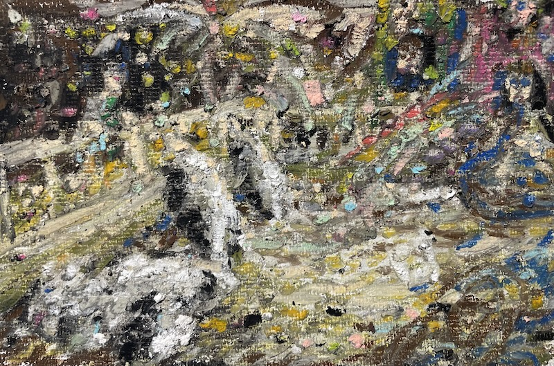Getter och människor, 2025. Oljepastell på duk, 7 x 13 cm.