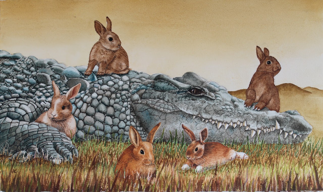 Crocodile and Rabbits. Watercolour.