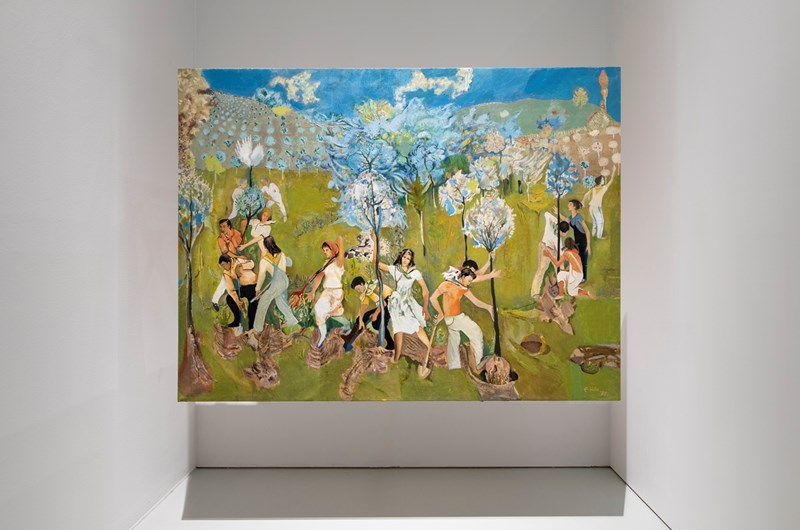 Installationsvy med "Trädplantering" från Edi Hila, Brutna horisonter, 2025 Foto: Helene Toresdotter/Moderna Museet